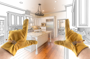 Male Contractor Hands Framing Completed Section of Custom Kitche custom home renovations